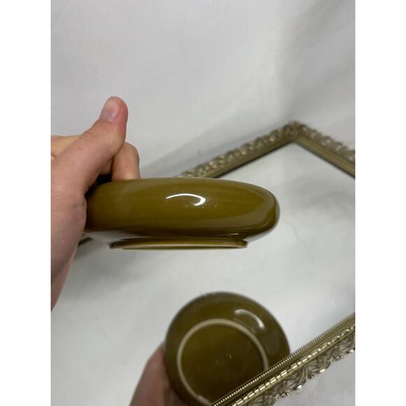 Small Vintage Avocado / Olive Green Round Ceramic Pottery Planter , Succulent - Picture 6 of 8